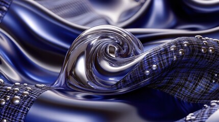 Abstract Blue and Silver Liquid Metal Swirl on Textured Fabric