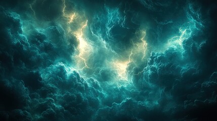 Fototapeta premium Teal clouds, lightning flashes, stormy sky.