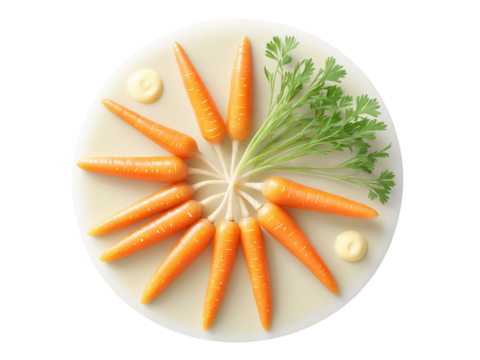 Glazed baby carrots with flecks of fresh herbs, honey butter sheen, arranged in a circular pattern, backlit glow