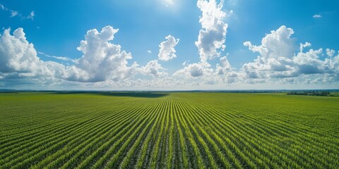 Aerial view of a sugar cane farm showcases expansive sugar cane fields under a bright blue sky with white clouds. This drone photo highlights the beauty of sugar cane agriculture from above.