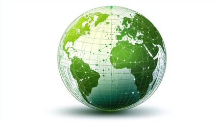 A stylized green globe showcasing continents with a network of connecting lines, symbolizing global connectivity.