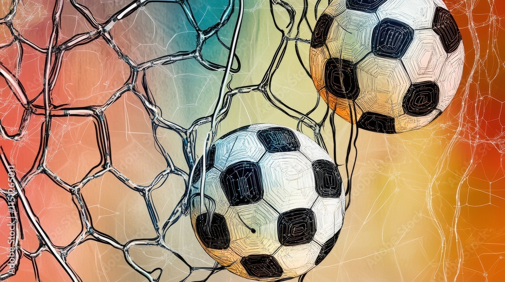 Poster two soccer balls caught in a goal net, showcasing dynamic colors and intricate webbing, creating an 