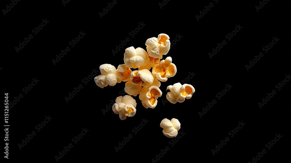 Poster close up of popcorn with the kernels popping out of the bag. the image has a dark background, which 