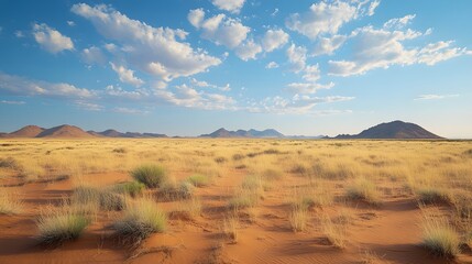 Naklejka premium Breathtaking desert landscape showcases golden sands and blue skies.