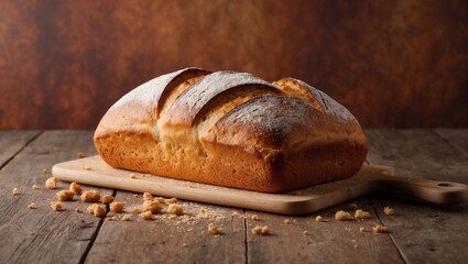 Freshly baked artisan bread loaf on a rustic wooden table with scattered bread crumbs and a warm, inviting background