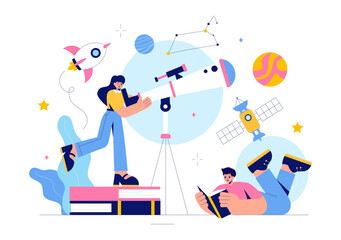 Astronomy Vector Illustration featuring People Observing a Starry Night Sky with Galaxies and Planets in Outer Space Using Telescopes in a Background