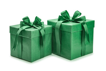 Two gifts isolated on white background. Gift boxes with green ribbon and bow.