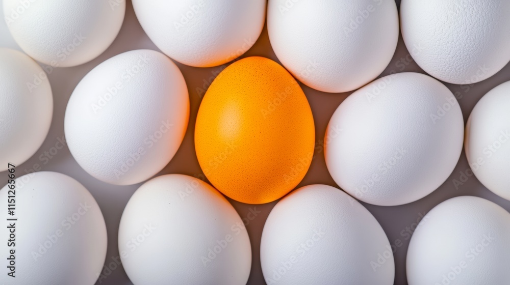 Poster dozen eggs with one orange one white. the white egg is surrounded by the other eggs. concept of unit