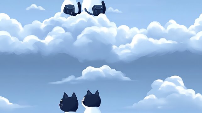 Majestic cats wearing tiny adventure gear, standing atop a mountain peak made of soft clouds, looking out at a glowing horizon, surreal and whimsical, hd quality. --ar 16:9 --sref https://s.mj.