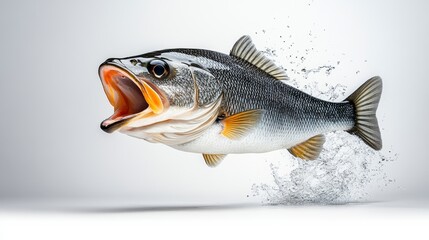 Fish is leaping out of the water, its mouth open. The fish is large and has a mouthful of water