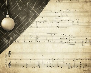 Fototapeta premium Elegant gold ornament hangs over vintage sheet music, evoking a festive and nostalgic atmosphere.