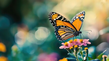 Fototapeta premium vibrant butterfly perched on colorful flowers in a garden