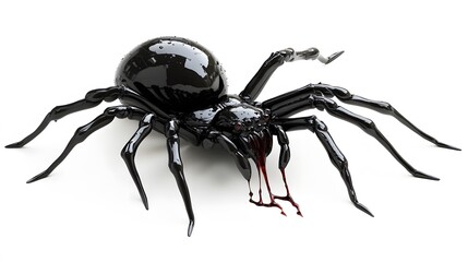 Obraz premium A toxic black widow spider with venom dripping from its fangs, displayed on a white background