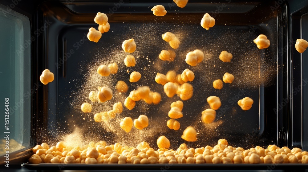 Poster microwave full of popcorn is exploding out of the door. the popcorn is flying everywhere, creating a
