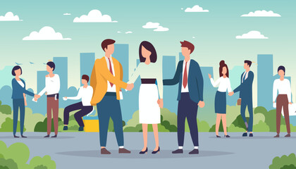 Obraz premium A diverse group of people is seen shaking hands enthusiastically in front of a bustling city filled with tall buildings and vibrant activity