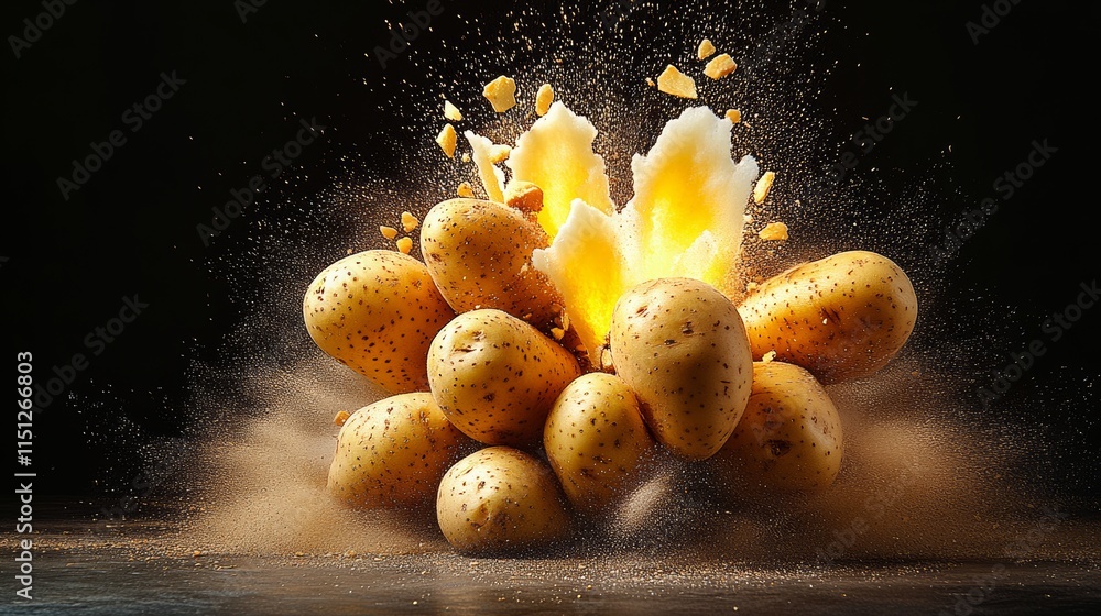 Poster pile of potatoes is exploding in the air. concept of chaos and destruction, as the potatoes are scat