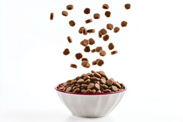 Bowl of dog food is falling out of the bowl and into the air. The bowl is white and red