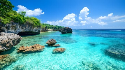 Fototapeta premium A stunning tropical beach scene with clear turquoise waters and rocky shoreline.