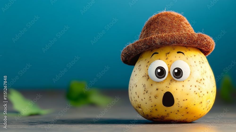 Poster potato with a hat on its head and eyes that look surprised. the potato is placed on a table with som