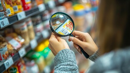 Close-up of woman examining food package label with magnifying glass, focusing on allergy details for food safety awareness.