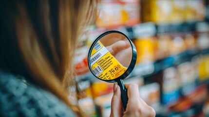 Close-up of woman examining food package label with magnifying glass, focusing on allergy details for food safety awareness.