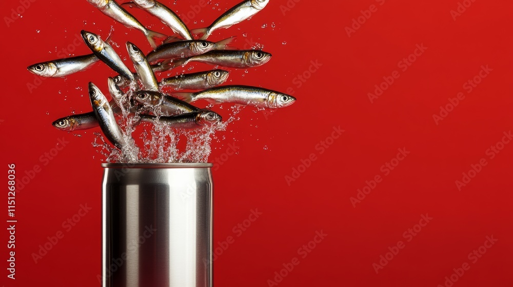 Poster can of fish is filled with fish and is sitting on a red background. the fish are jumping out of the 