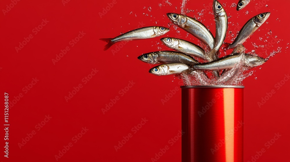 Poster red background with a red can full of fish. the fish are in the can and are splashing water