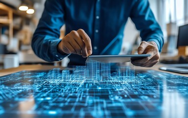 A professional engineer in a wellequipped office, using a tablet to interact with a 3D digital blueprint of a building, showcasing modern engineering and architecture