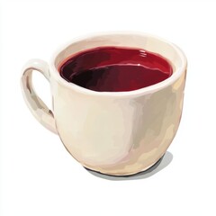 A close-up of a warm cup of herbal tea, showcasing its rich red color against a simple white background.