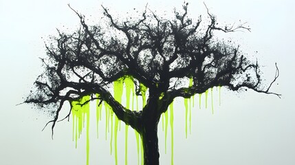 A toxic tree, with blackened branches and glowing green sap dripping from them, against a white backdrop
