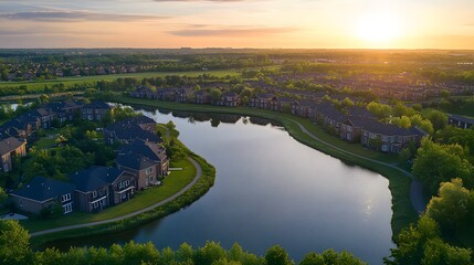 Scenic view of suburban homes by a tranquil lake at sunset.