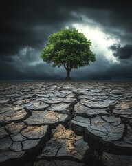 Barren cracked earth with a single thriving green tree under dark, stormy skies, symbolizing resilience and hope, dramatic and highly realistic image