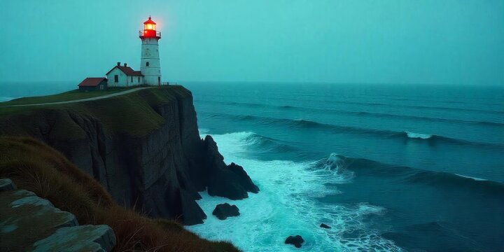 Lighthouse stands tall on rocky cliff with waves crashing during twilight hours on the coast