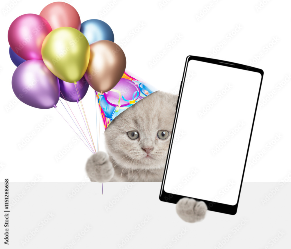 Aufkleber cute kitten wearing party cap holds balloons and big smartphone with white blank screen in it paw, s