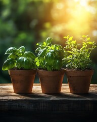 Fototapeta premium Potted plants and herbs on a rustic wooden surface, illuminated by natural light, creating a harmonious garden setting, peaceful and lifelike design