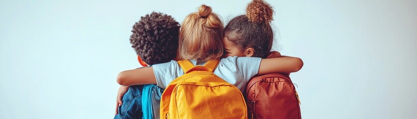 Children of various ethnicities hugging each other, wearing backpacks, against a clean white background, representing diversity, togetherness, and friendship