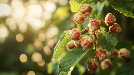 Hazelnuts growing on trees in a garden setting, captured with a shallow depth of field, highlighting the beauty of hazelnuts in their natural environment and drawing attention to their rich detail.