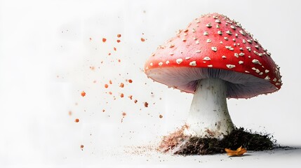 A toxic red mushroom, with a glowing cap and toxic spores floating in the air, displayed on a white background