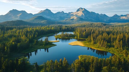 Fototapeta premium Serene landscape featuring a tranquil lake surrounded by lush forests and majestic mountains.