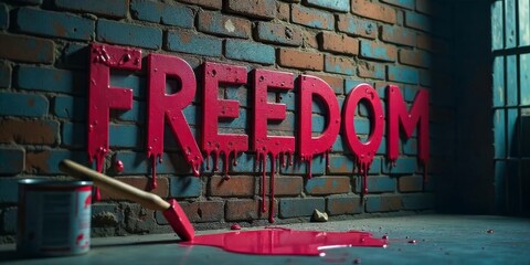 Bold expression of freedom displayed on a brick wall with vibrant red paint in an urban setting at night