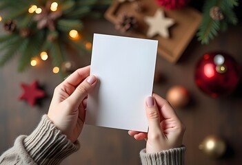 Hand holding empty christmas card on background with fir branches, red berries and gift box. Christmas card mock up. Merry Christmas. Season greeting postcard template
