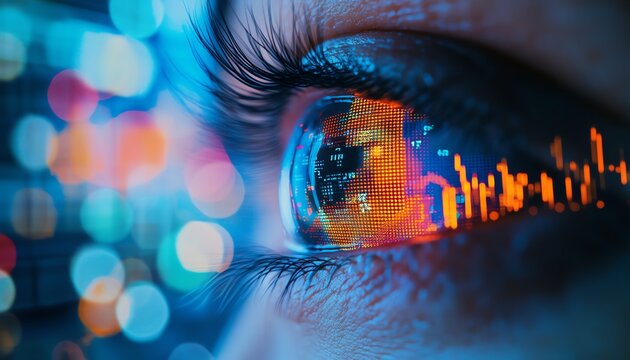 Closeup of a persons eye, with vibrant stock market graphs and data reflected in it, illustrating the concept of financial surveillance and indepth market analysis