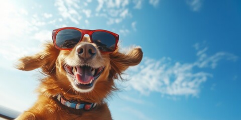 A joyful brown dog, sporting sunglasses, is soaring high in an airplane, enjoying the experience while flying through the sky with delight.