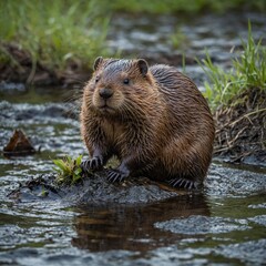A baby beaver building a small dam.

