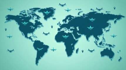 Fototapeta premium Stylized world map with aircraft icons highlighting global travel connections.