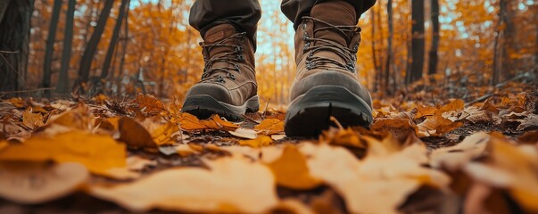 Close-up of hiking boots stepping on a trail covered with golden autumn leaves feet walking in a quiet forest park surrounded by rich fall foliage
