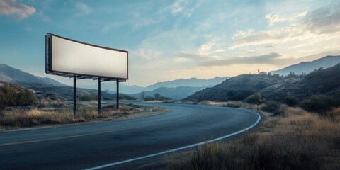 Blank billboard ready for your advertisement positioned on a road curve, offering an ideal opportunity for impactful advertising. Utilize this blank billboard for your creative advertising ideas.