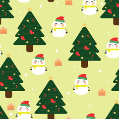 Seamless pattern cartoon snowman wearing a yellow scarf and Christmas tree. cute christmas and winter wallpaper for fabric print, gift wrap paper