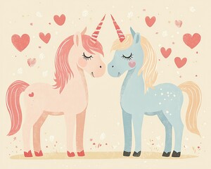 Charming cute unicorns in soft pastel colors, radiating love and joy, perfect for Valentine s Day nursery art, with hearts and whimsical details