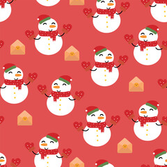 Seamless pattern cartoon snowman wearing a red scarf. cute christmas and winter wallpaper for fabric print, gift wrap paper